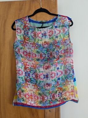 Daisy Fuentes Sheer Multicolor Floral Front/Striped Back Sleeveless Top